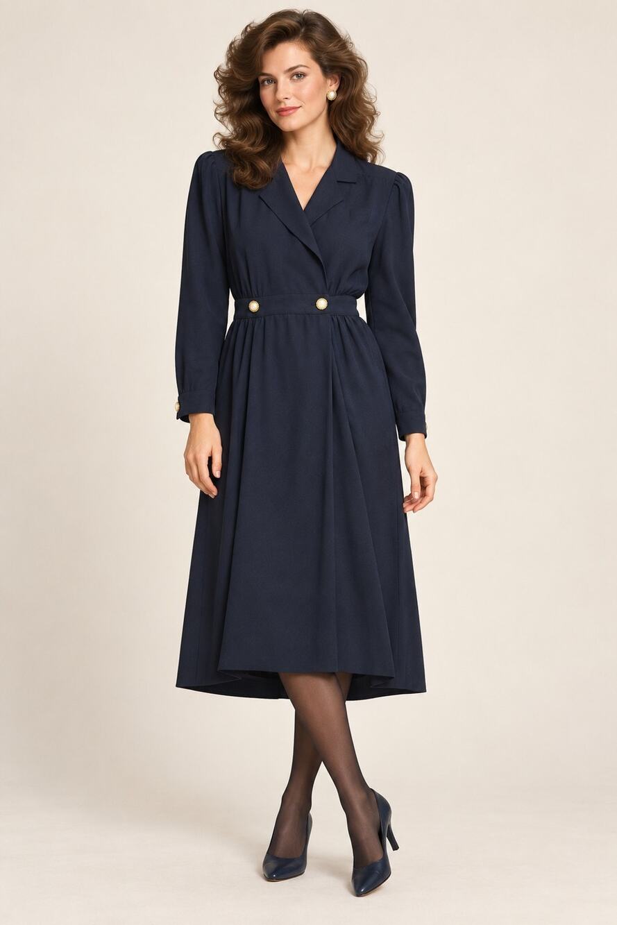 Vintage 80s 90s Navy Blue Shirt Dress Size 10 Gold Button Waist Long Sleeve Midi